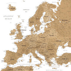 Europe - Highly Detailed Vector Map of the Europe. Ideally for the Print Posters. Golden Brown Beige Retro Colors - obrazy, fototapety, plakaty