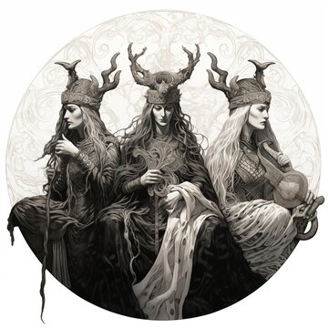 Black and White Illustration of the Norns on a White Background