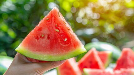 Hand holding watermelon slice with fresh selection on blurred background, space for text
