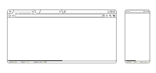 Black internet browser phone app webpage, blank website template vector design. Editable lines web browser with icons illustration. Homepage mockup background illustration. 