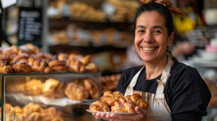 A cheerful woman stands holding a plate of pastries in a small pastry shop filled with delicious baked goods
