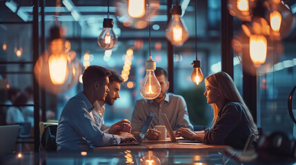 Business Office People Discuss Business Topics. Bulb Lights. Office Concept. Generative Ai