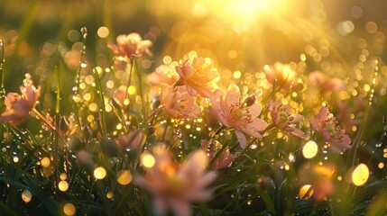 A cluster of flowers scattered in the dewy grass under the morning sunlight - obrazy, fototapety, plakaty