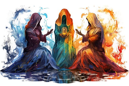 Abstract Colorful Illustration of the Norns on a White Background