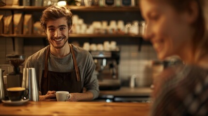 A man is seated at a bar, holding a cup of coffee in his hand - obrazy, fototapety, plakaty
