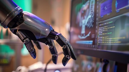 A close-up of a robotic metallic hand reaching out to touch a computer screen displaying an AI-powered WyTOe - obrazy, fototapety, plakaty