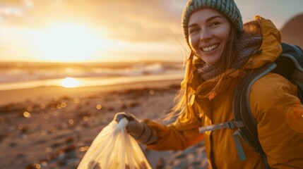 A woman smiles as she holds a plastic bag filled with litter collected from the beach, showcasing her volunteer efforts to clean up the environment - obrazy, fototapety, plakaty