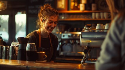 Fototapeta premium A barista woman is smiling while serving coffee at a coffee shop counter