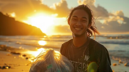 A man smiling while standing on a beach holding a bag filled with collected litter - obrazy, fototapety, plakaty