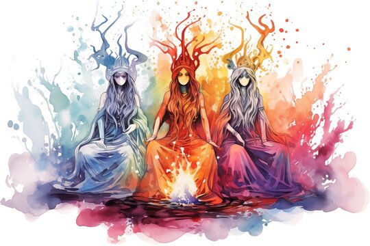 Abstract Colorful Illustration of the Norns on a White Background