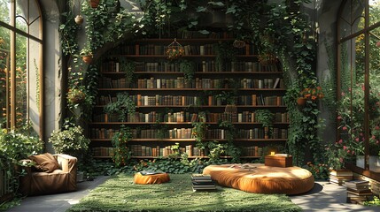 Cozy bookstore nook surrounded by 3D rendered hanging ferns, intimate and lush - obrazy, fototapety, plakaty