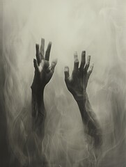Ghostly hands appearing in a sA ance, reaching for the living - obrazy, fototapety, plakaty