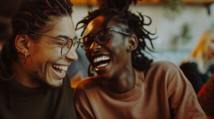 A closeup shot capturing two individuals within a group, their faces illuminated by genuine smiles and laughter