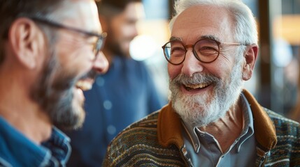A closeup shot of two men with a beard and glasses, one smiling at the other with a joyful expression
