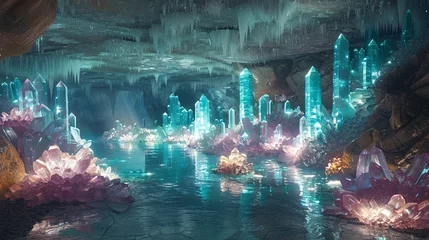 Foto op Plexiglas Crystal cavern reflecting thousands of luminescent sacred symbols, shimmering and magical © Leninya