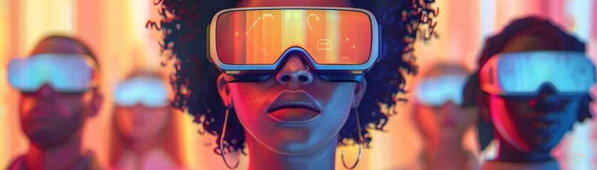 Illustrate a futuristic scene where individuals of different ages and backgrounds are shown wearing AR glasses that display real time emotional cues 