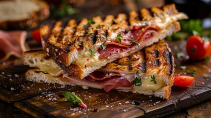 Detailed closeup of a grilled panini sandwich on a cutting board, showcasing premium meats and fresh ingredients