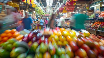 Crowded produce market with blurry figures of shoppers and vendors moving amongst stalls filled with fresh fruits and vegetables