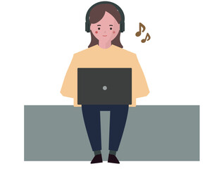 音楽を聴きながらパソコンをする女性-adobe