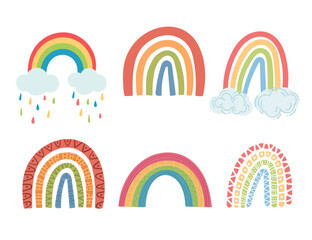 Set of different colored rainbows with clouds and rain vector illustration isolated on white background