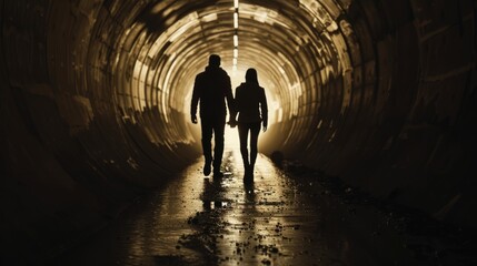 Silhouetted figures walking side by side through a dimly lit tunnel