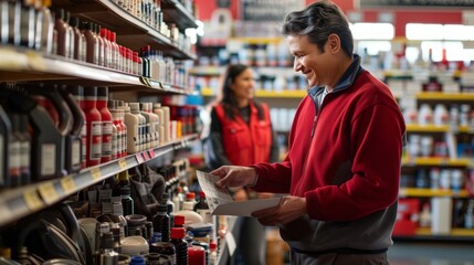 A man and a woman are in a store, looking at various car parts on shelves while a store attendant assists them in selecting items