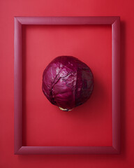 Cabbage in picture frame on red background