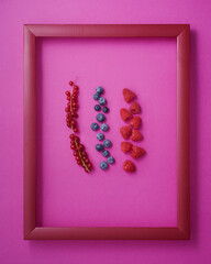 Raspberry, blueberry and currant in red frame on pink