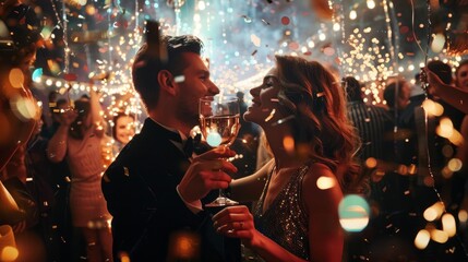 A man and a woman stand in front of a crowd during a New Years Eve celebration - obrazy, fototapety, plakaty
