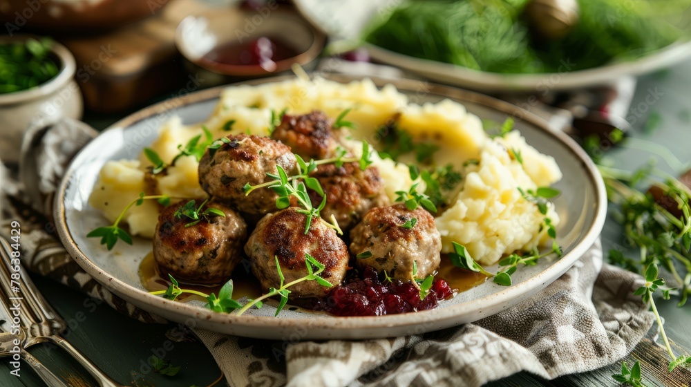 Wall mural A plate featuring Swedish meatballs, creamy mashed potatoes, and tangy cranberry sauce, creating a savory and satisfying meal - Wall murals