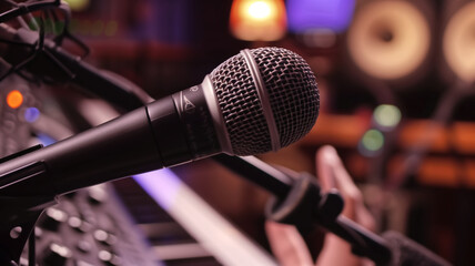 Close-up of dynamic microphone in music studio. Bokeh background with recording equipment. Music production and podcasting concept. Macro shot with soft focus on microphone.