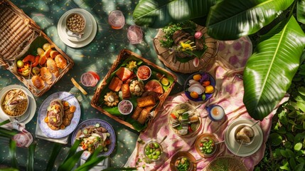 A variety of international delicacies spread out on a table, showcasing a colorful and diverse...