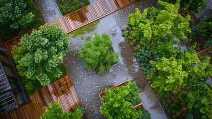 Fototapeta na wymiar An aerial view of a garden with a river flowing through, showcasing green infrastructure in action during a rainstorm with water pooling