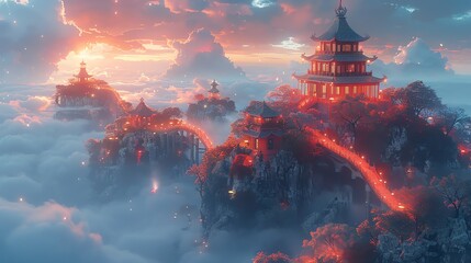 Floating islands connected by bridges made of light symbols, high above the clouds