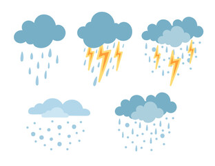 Set of rain and snowy clouds with thunder icons vector illustration isolated on white background