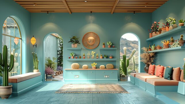 Fashionable retail store with stylish 3D rendered cacti arrangements, modern desert chic