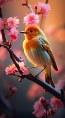 Songbird Symphony, vibrant feathers, melodious and enchanting, perched on a blossoming cherry tree branch in a colorful garden, a gentle breeze rustling the leaves