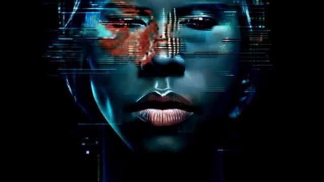 human portrait transitioning from lifelike human to a pixelated digital effect