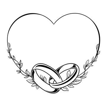 recommend clip art: Wedding rings in a flower heart frame, monochrome illustration, line art