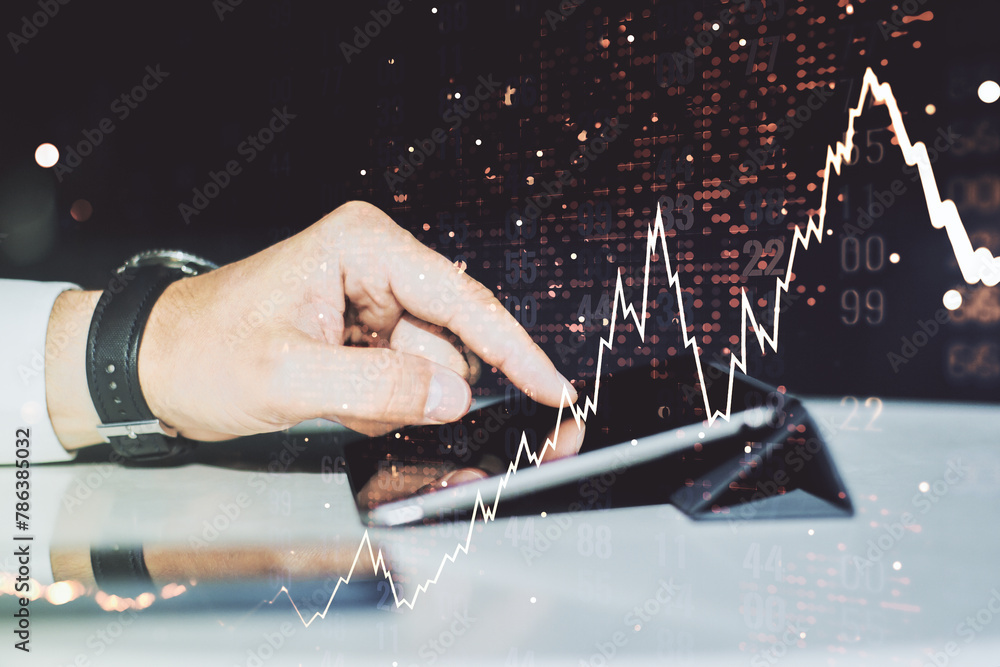 Poster double exposure of abstract creative financial diagram with world map and with finger clicks on a di