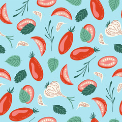 Seamless pattern of tomatoes, garlic, basil and herbs on blue backdrop. Background with fresh vegetables. Ingredients for making sun-dried tomatoes. Flat style hand drawn vector illustration.
