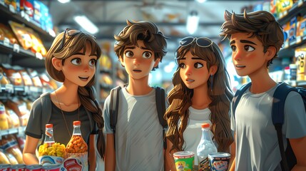 Group of cartoon teenagers shopping for a party, choosing snacks and drinks in a fun aisle - obrazy, fototapety, plakaty