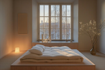 Scandinavian Minimalist Bedroom in Stockholm with Low Platform Bed, Pastel Colors, Dusk Light, and Wool Textures