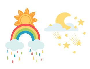 Set of weather icons rainbow sun moon and clouds vector illustration isolated on white background