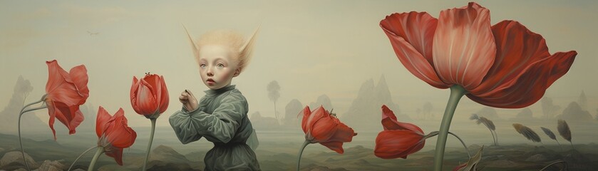 Envisioned imp with a tulip cluster flying, pensive look, unadorned space - obrazy, fototapety, plakaty