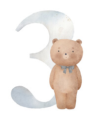 Three and teddy bear. Can be used for baby card. Watercolor hand drawn illustration. - 786385448