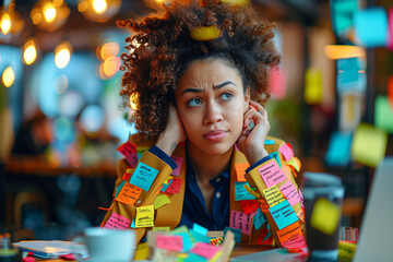 Black girl wearing clothes full of colorful post it notes thinking about when to start frustrated tired and upset