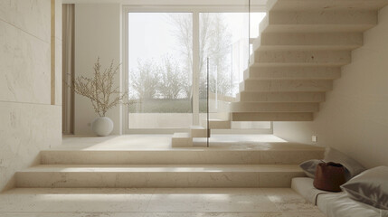 Refined beige stairs in a Scandinavian-designed lounge with a window offering natural scenery.