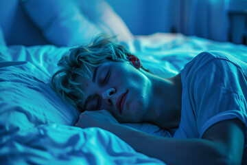 close up young caucasian man sleeping in bed at night. white male sleep hygiene concept good night rest and wellness - Powered by Adobe