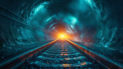 Magical train station with tracks that glow with navigational symbols, journey to the unknown - obrazy, fototapety, plakaty